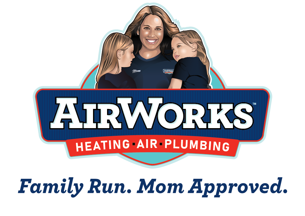 Logo with a woman and two kids for AirWorks Heating, Air, Plumbing. "Family Run. Mom Approved."