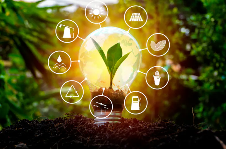 A lightbulb with a plant inside, surrounded by sustainability and renewable energy icons on a natural background.