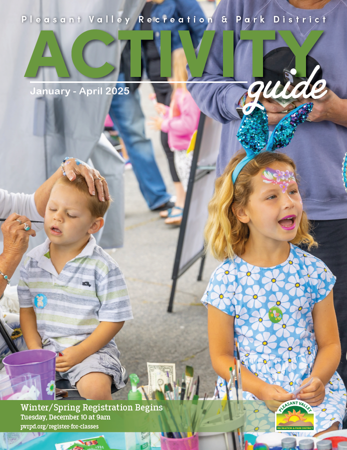 Children getting face painted; Pleasant Valley Rec & Park District Activity Guide Jan-April 2025; registration info included.