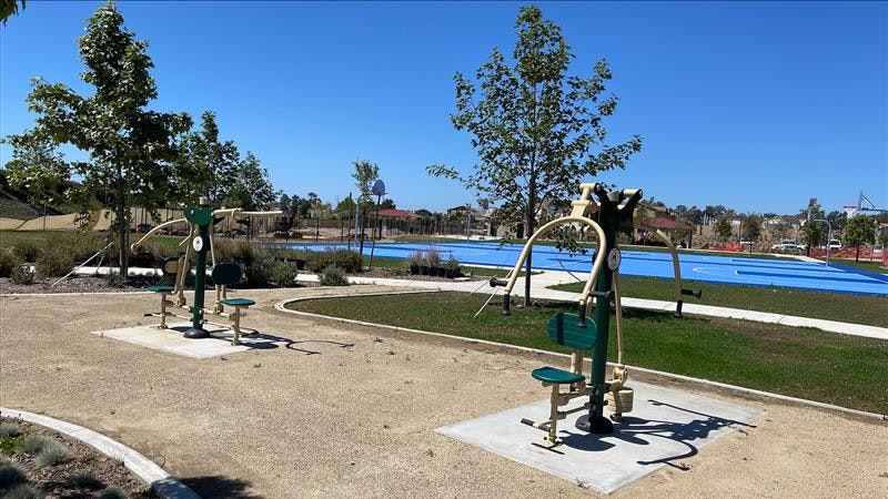 An outdoor fitness area with exercise equipment, surrounded by trees and a blue surface in the background, likely a sports area.