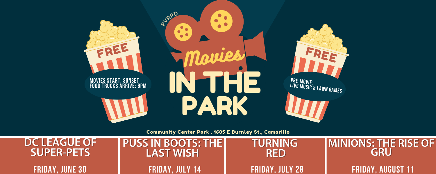 Free outdoor movies at Community Center Park in Camarillo. Food trucks at 6 PM, movies at sunset. Upcoming titles listed.