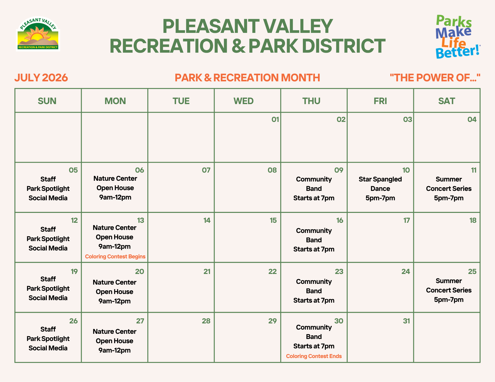 July 2026 calendar for Pleasant Valley Recreation & Park District featuring events like open houses, concerts, and a coloring contest.