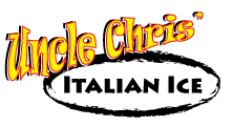 Logo of "Uncle Chris' Italian Ice" with stylized red and black text on a white ellipse background.