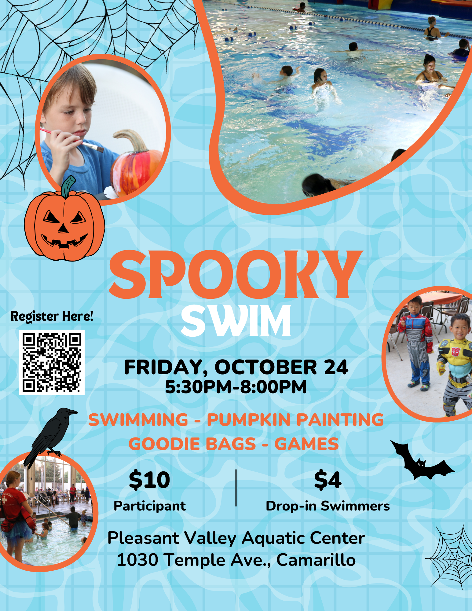 Spooky Swim event on Oct 24, 5:30-8:00 PM, at Pleasant Valley Aquatic Center. Activities: swimming, pumpkin painting, games. $10/$4.