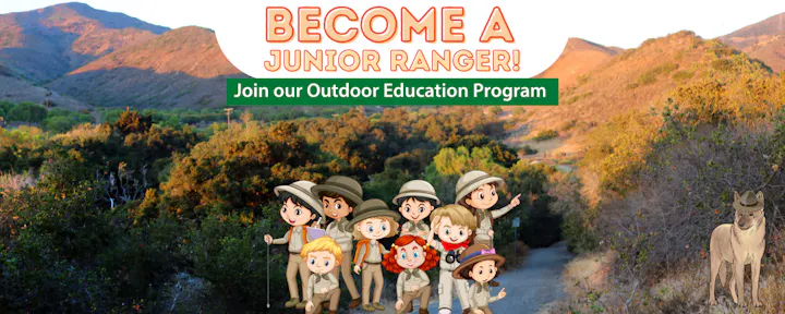 Advertisement for a Junior Ranger program with cartoon children and a dog ranger, against a nature backdrop.