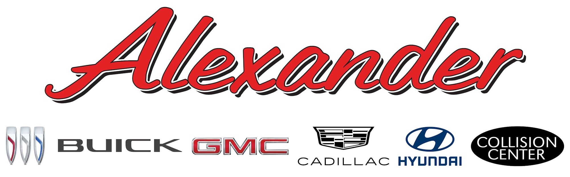 The image features the name "Alexander" and logos for Buick, GMC, Cadillac, Hyundai, and a Collision Center.