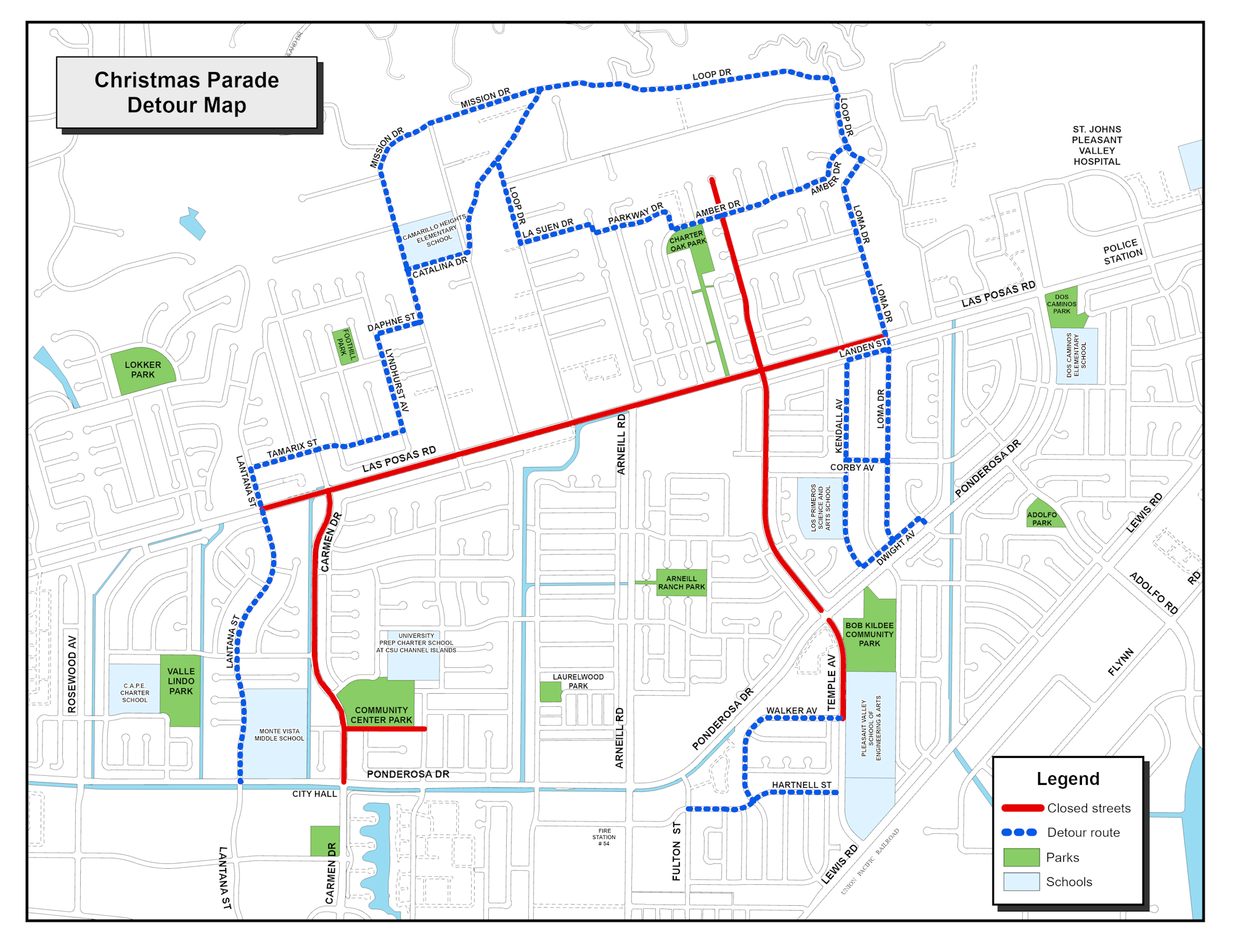 Map showing detour routes and closed streets for a Christmas Parade, with parks and schools marked.
