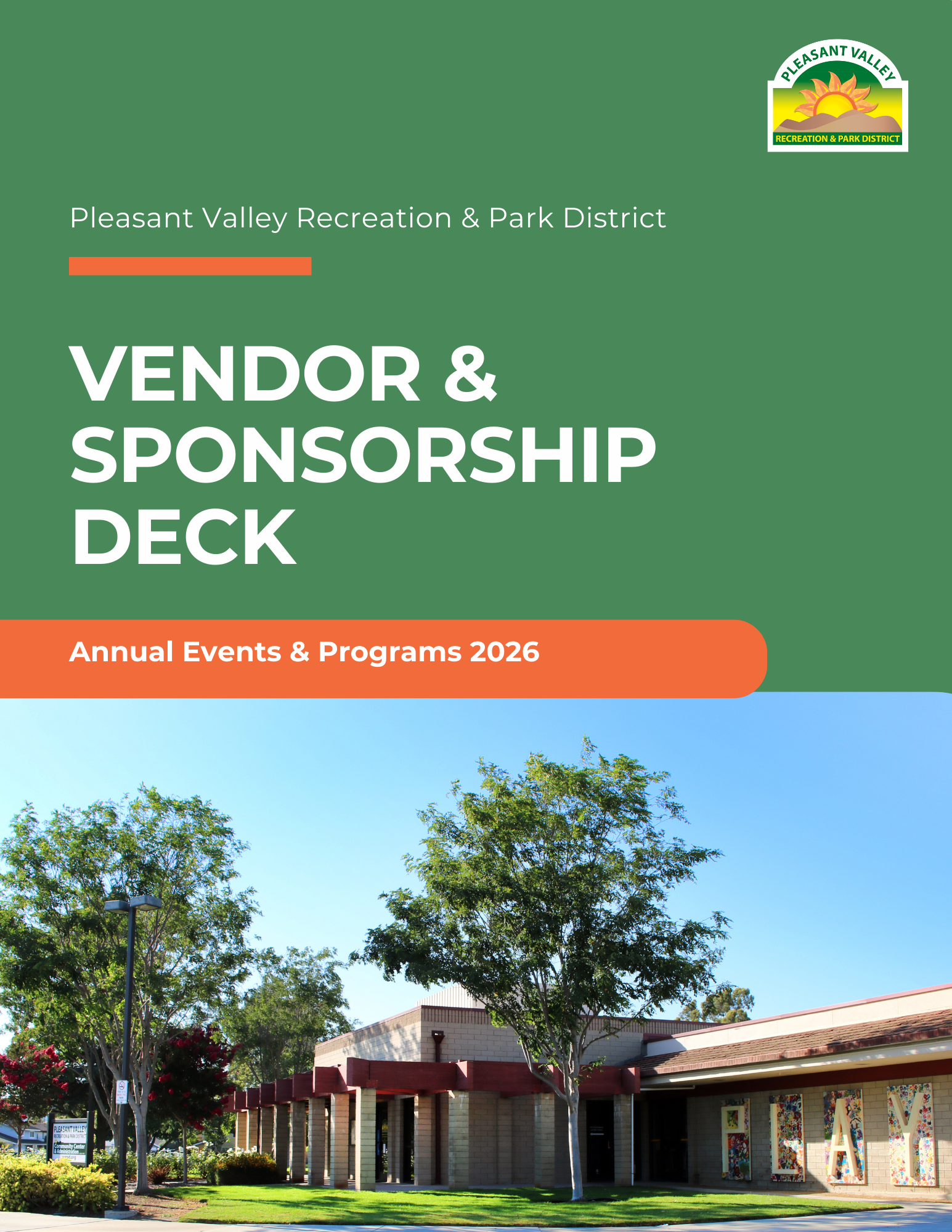 The image features a cover for the "Vendor & Sponsorship Deck" of Pleasant Valley Recreation & Park District for annual events in 2026.