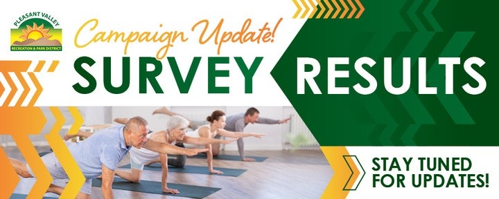 "Campaign Update! Survey Results: Stay tuned for updates!" with a group exercising on mats.