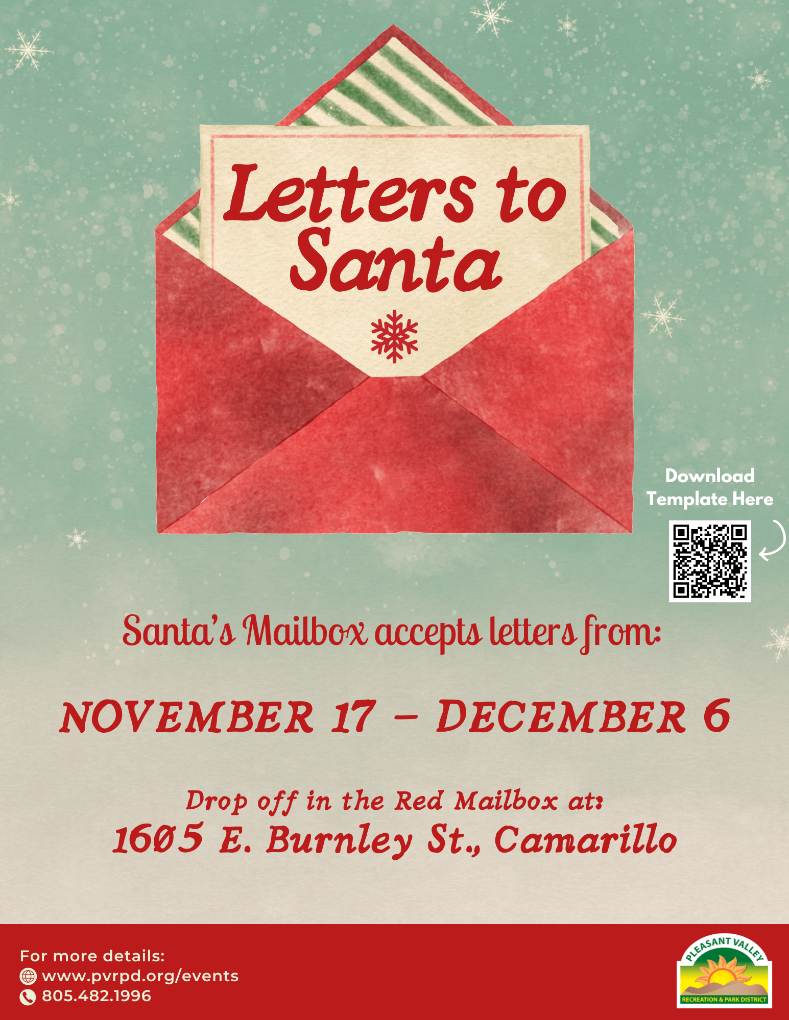 "Letters to Santa" notice. Accepting letters Nov 17-Dec 6 at 1605 E. Burnley St., Camarillo. Template download available.