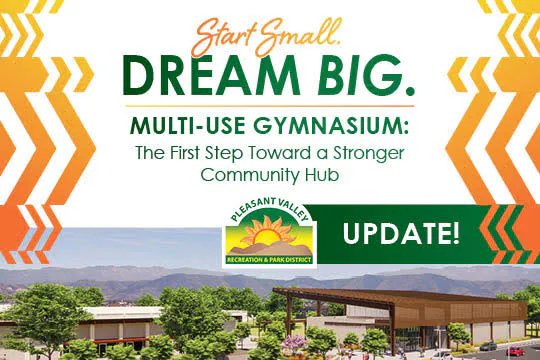 The image promotes a multi-use gymnasium project by Pleasant Valley Recreation & Park District, highlighting community development.