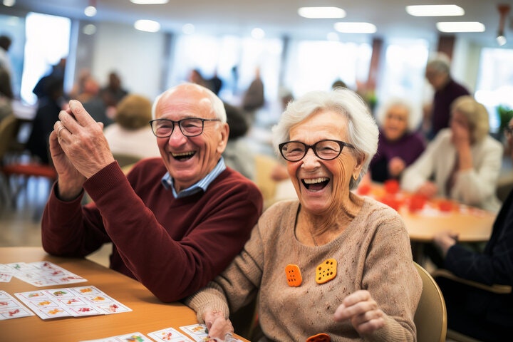 Elderly couple smiling and playing cards at a social gathering in a bright room.