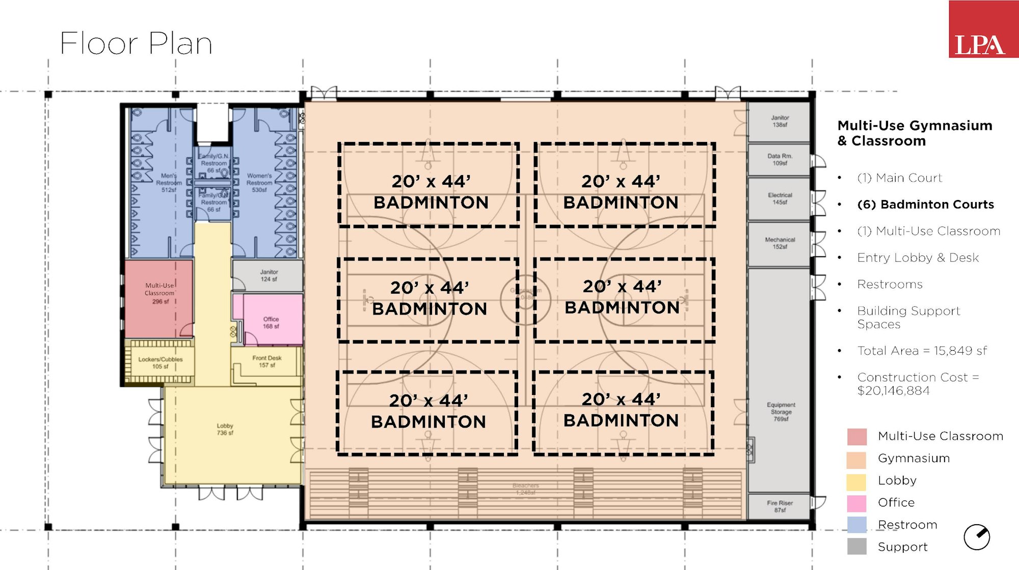The image shows a floor plan for a multi-use gymnasium with six badminton courts and a classroom, including restrooms and lobby.