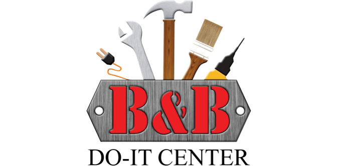 A logo with "B&B" and tools like a wrench, hammer, paintbrush, and a dripping glue bottle, suggesting a hardware or repair business.