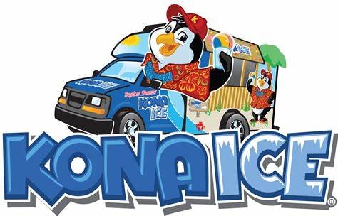 Cartoon penguin on an ice cream truck with "Kona Ice" logo.