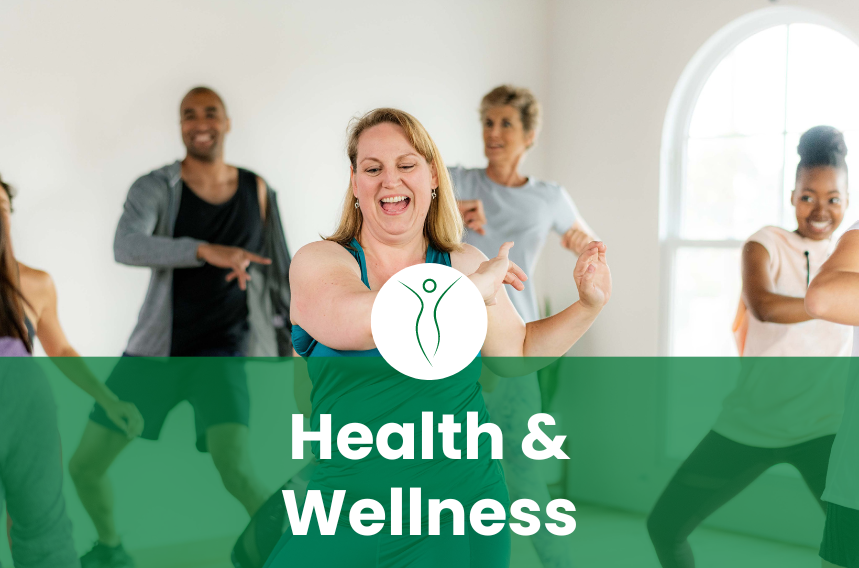 Group of happy people dancing in a fitness class with "Health & Wellness" text and logo overlay.