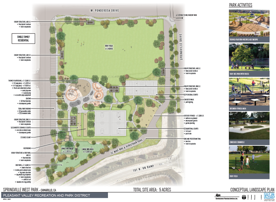 Conceptual landscape plan for a park with playgrounds, sports fields, walking trails, parking, and amenities on 5 acres.