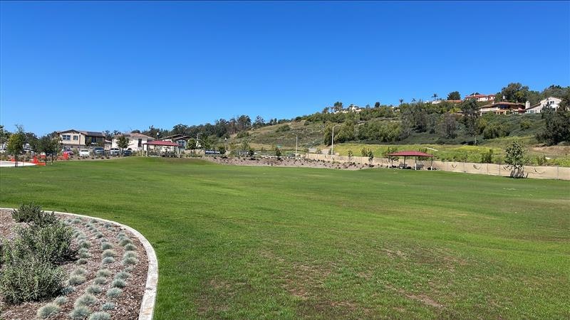 A green park area with well-maintained grass, houses on a hill, and a clear blue sky in the background.