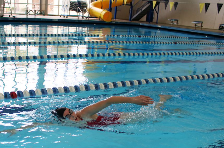 Swimmer doing freestyle stroke in indoor pool with lanes and a water slide in the background.