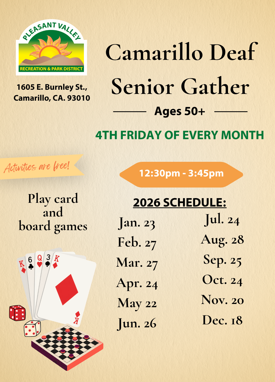 Monthly gathering for seniors 50+ in Camarillo. Free activities include card and board games. Next meeting: Jan 23, 2026.