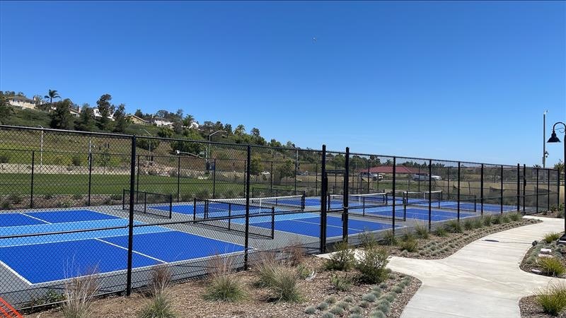 A fenced area with several blue pickleball courts, surrounded by greenery and a clear blue sky.