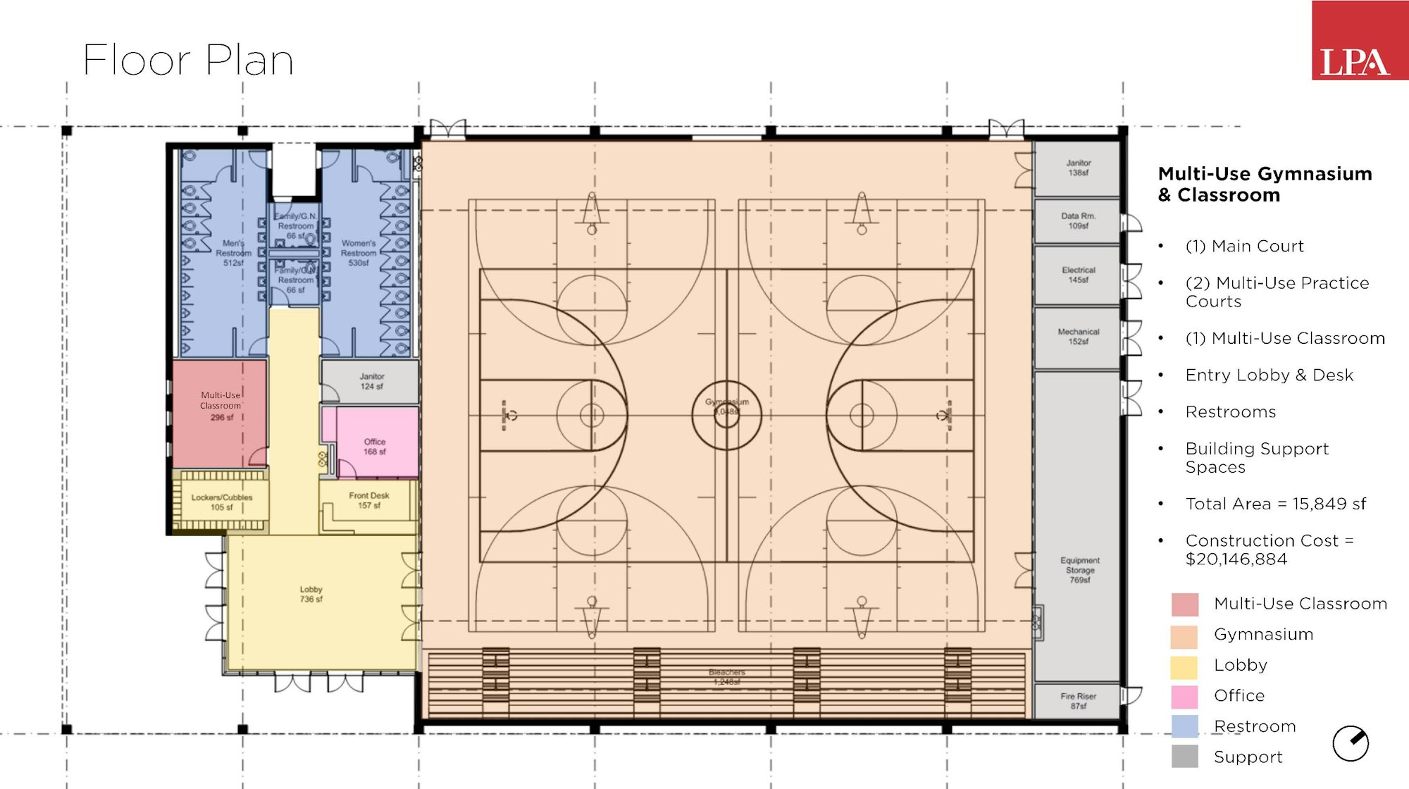 The image is a floor plan for a multi-use gymnasium and classroom, detailing various spaces and their dimensions.
