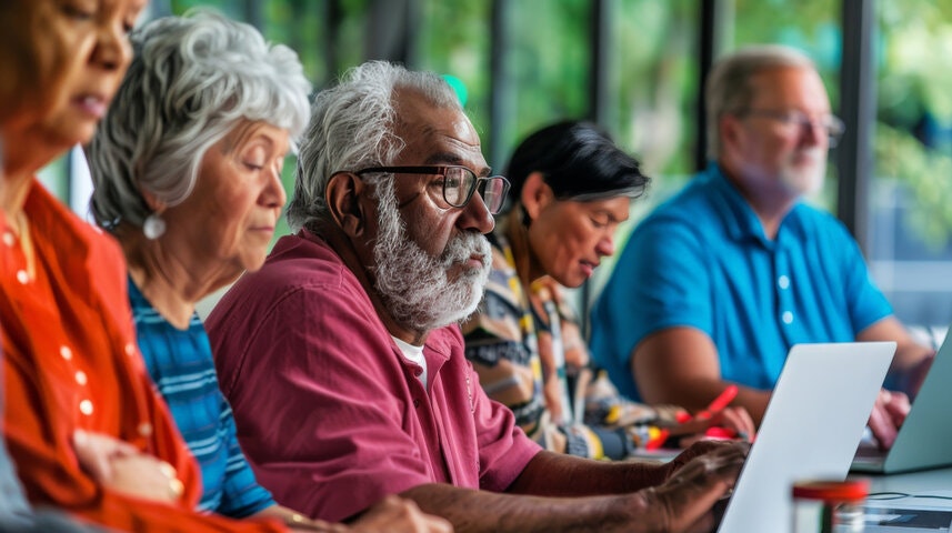 A group of adults sitting at a table, using laptops and focusing intently.