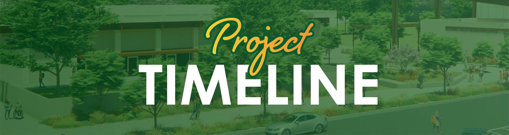 The image features a graphic titled "Project Timeline," showcasing an artistic rendering of a community project, likely a recreation center.