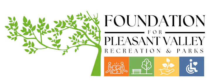 Logo for the Foundation for Pleasant Valley Recreation & Parks, featuring a tree and icons representing community and accessibility.