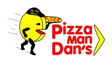 A playful logo featuring a yellow character running with a pizza slice, promoting "Pizza Man Dan's" with a hat saying "The Big Cheese."