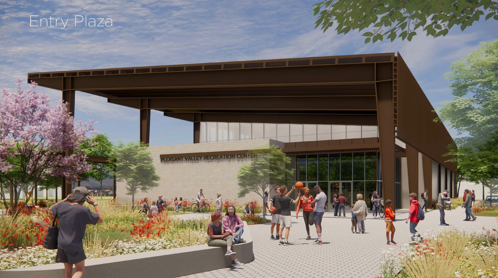 May contain: person, walking, architecture, building, outdoors, shelter, grass, plant, campus, ball, basketball, basketball (ball), sport, accessories, bag, handbag, clothing, footwear, shoe, nature, park, bicycle, transportation, vehicle, and backpack