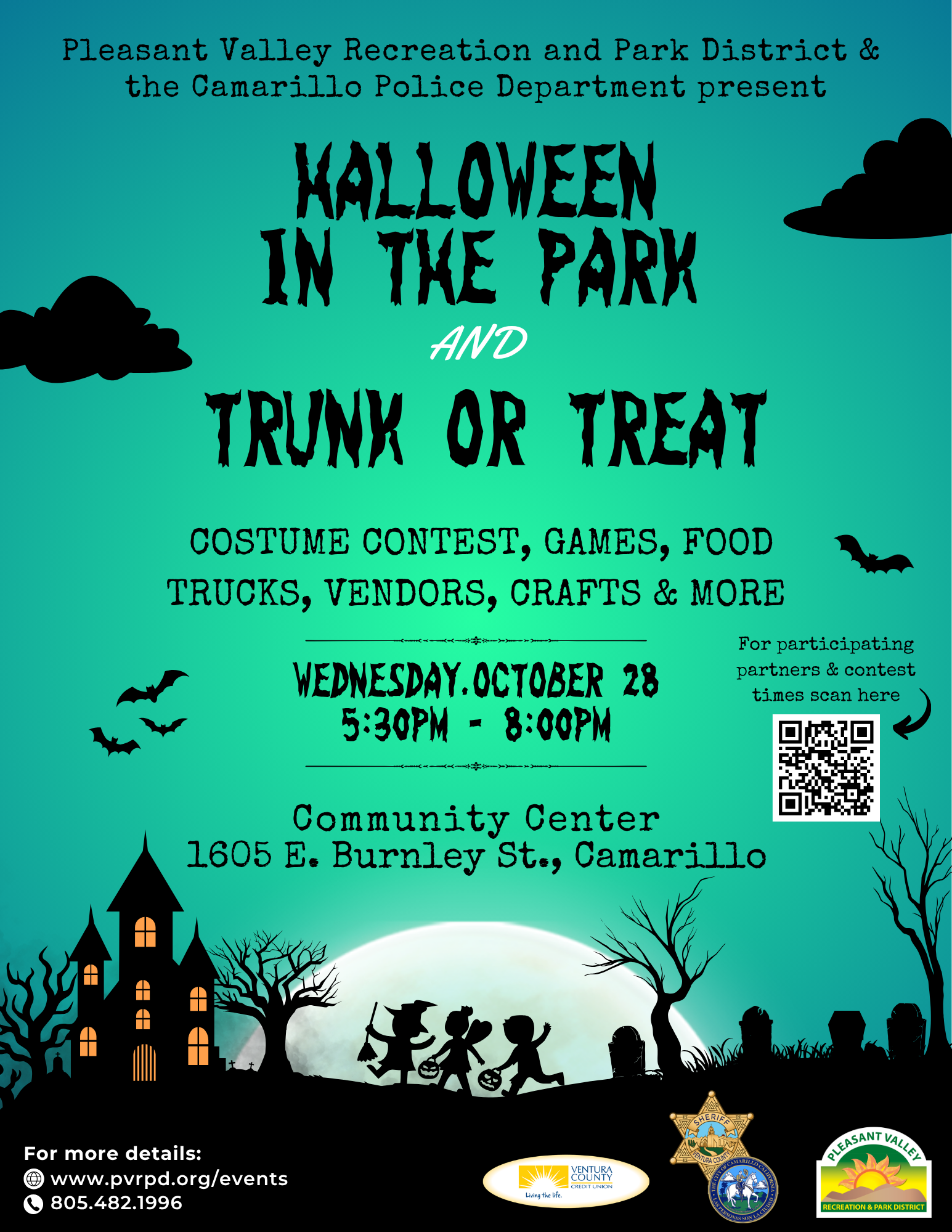 Join us for Halloween in the Park & Trunk or Treat on Oct 28, 5:30-8 PM at the Community Center, Camarillo! Fun activities await!