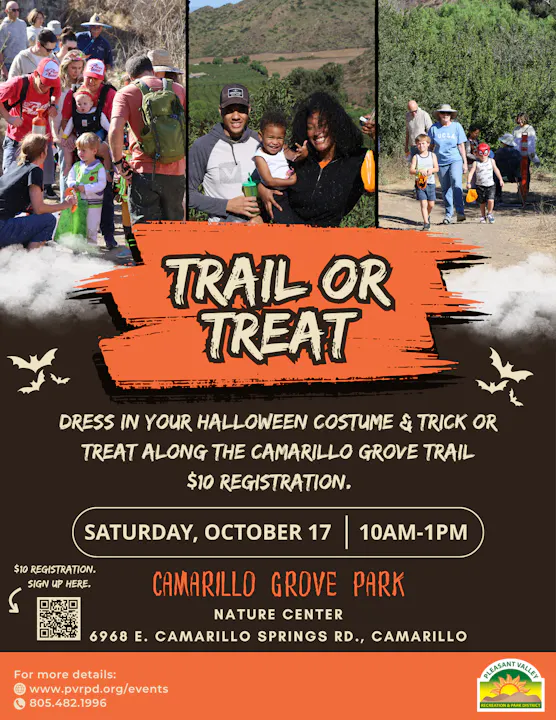 Join the "Trail or Treat" event in Camarillo Grove Park on October 17, 10 AM-1 PM. Dress up for Halloween fun! $10 registration.