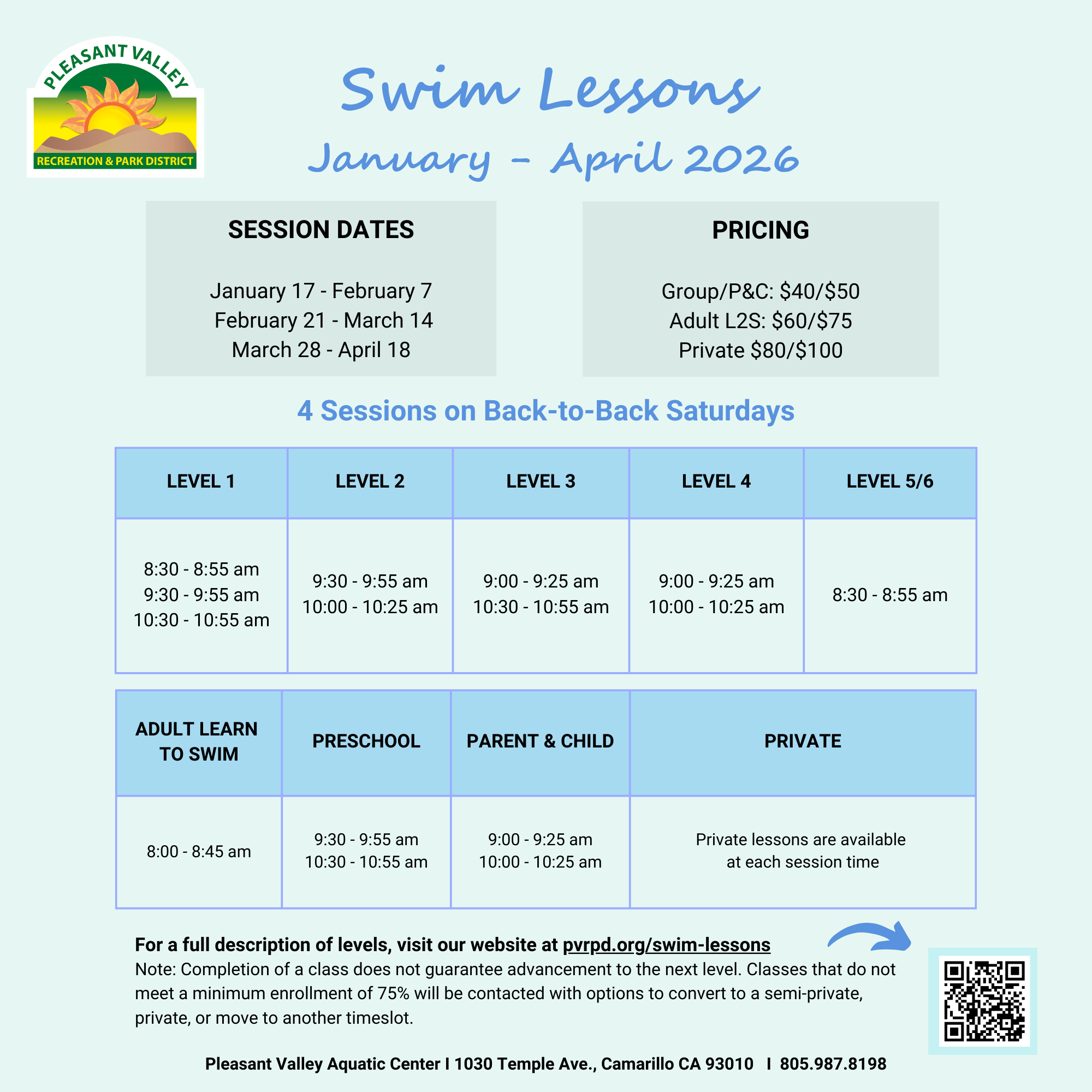 Schedule for swim lessons from January to April 2026, detailing dates, levels, times, and pricing.