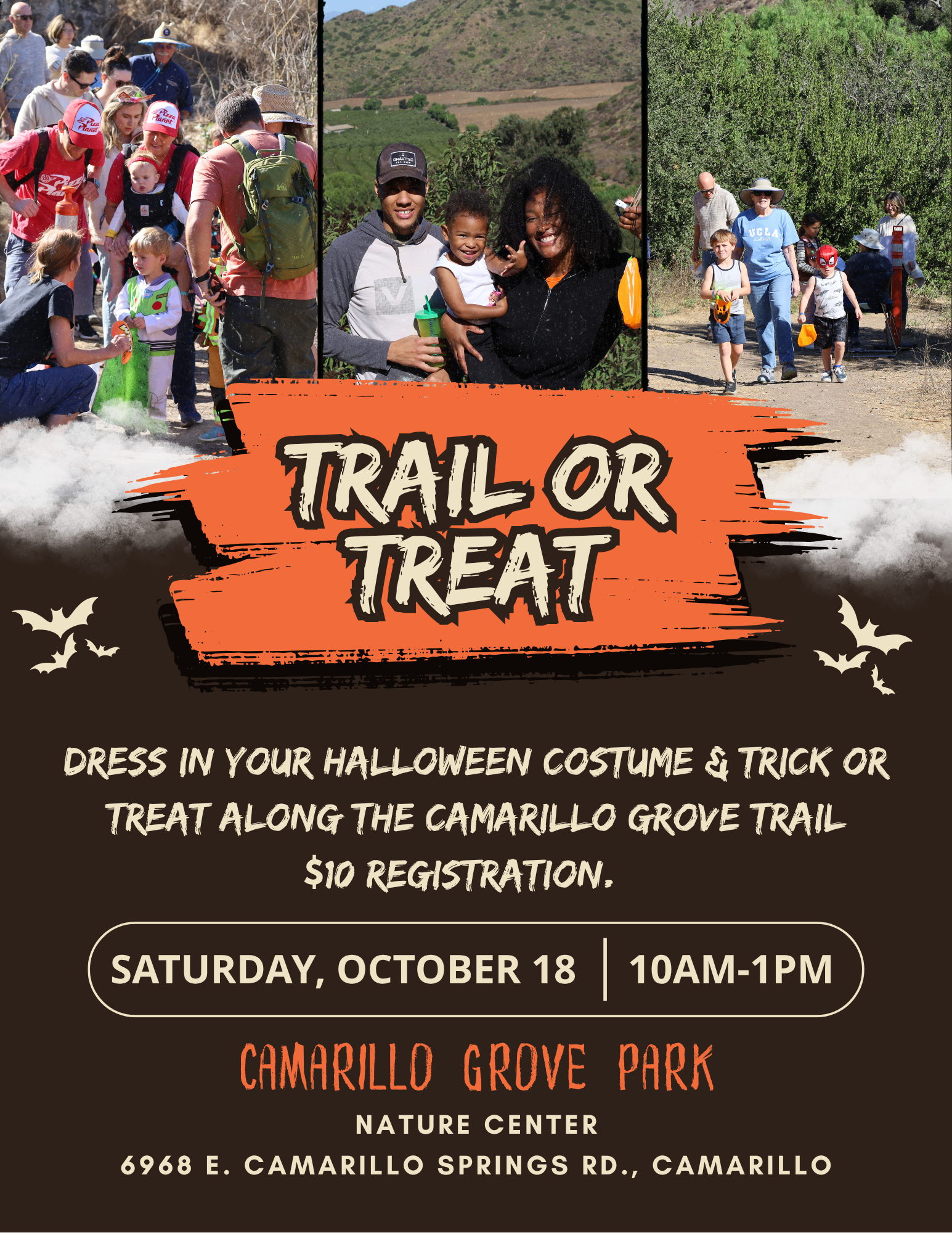 Trail or Treat event at Camarillo Grove Park on October 18, 10AM-1PM. Dress up for Halloween, $10 registration.