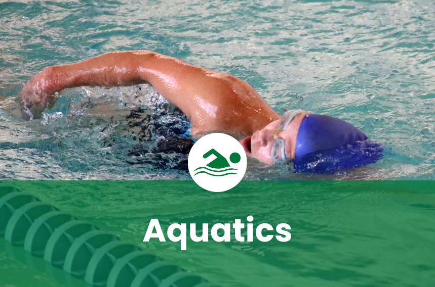 A swimmer in a pool with an "Aquatics" graphic overlay.