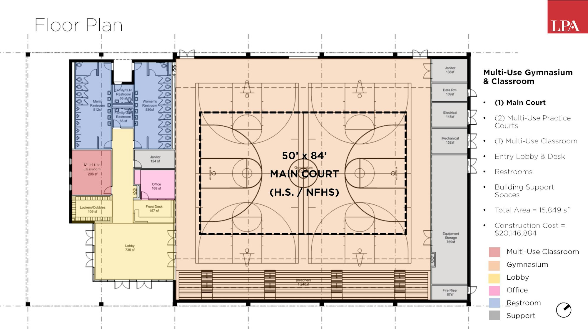 The image shows a floor plan of a multi-use gymnasium and classroom, detailing various spaces and dimensions.