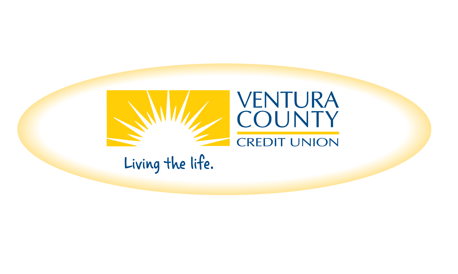 Logo of Ventura County Credit Union with a sunburst and the slogan "Living the life."