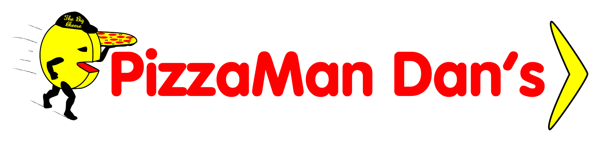 Cartoon pizza character with text "PizzaMan Dan's" and a yellow arrow.