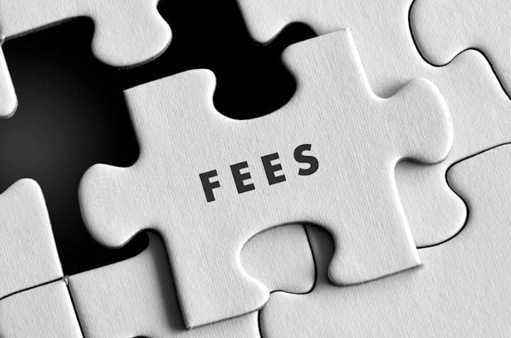 A puzzle piece with the word "FEES" on it, standing out in an incomplete jigsaw puzzle.