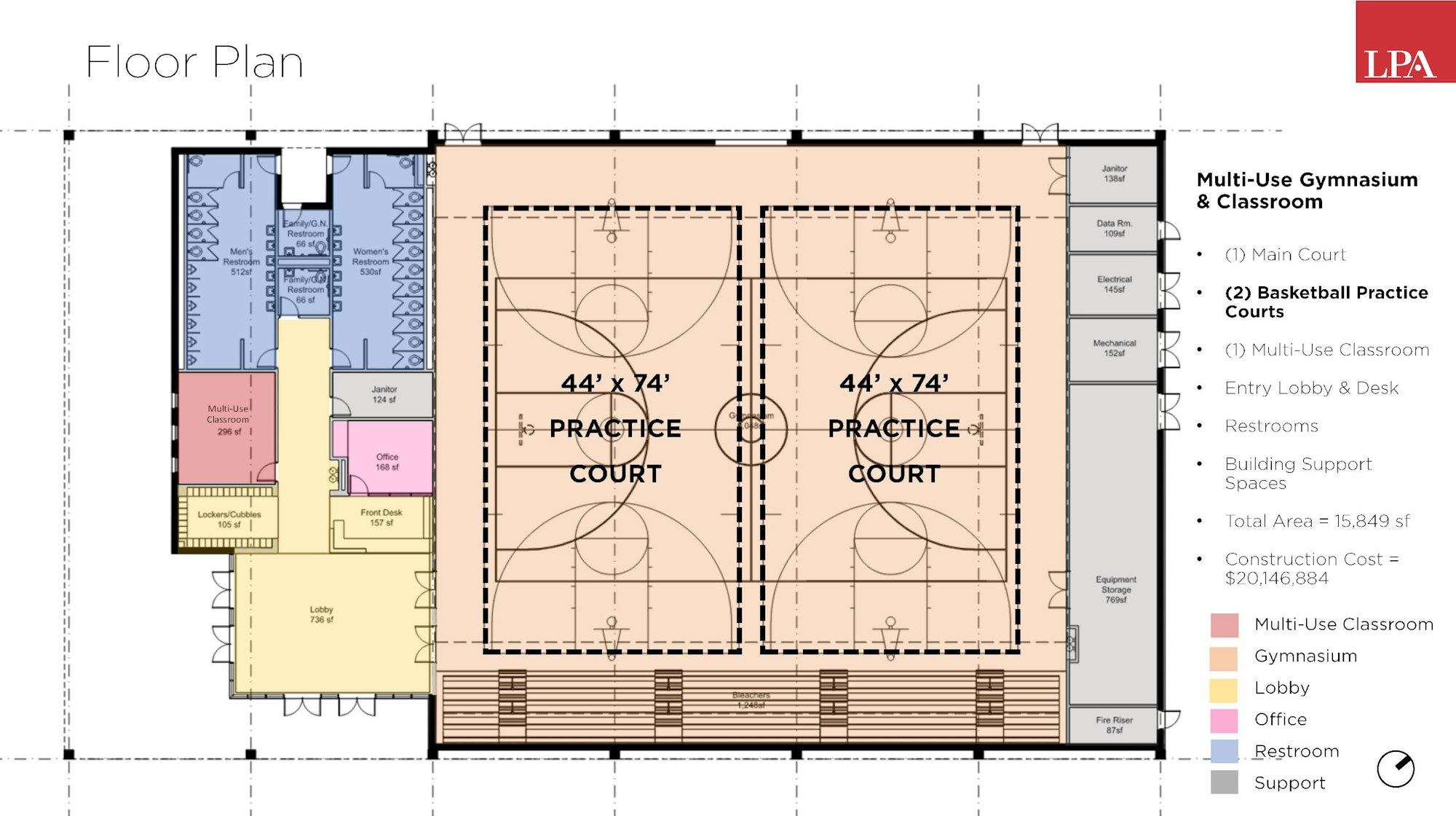 The image shows a floor plan for a gymnasium with two basketball practice courts, classrooms, restrooms, and support spaces.