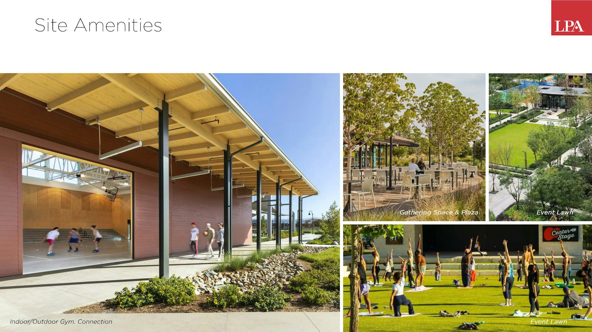 Image showcases site amenities including an indoor/outdoor gym, gathering spaces, event lawn, and outdoor fitness activities.