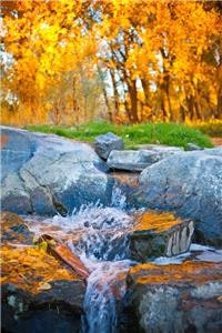 Autumn scene with water splashing over rocks, yellow leaves in the background.