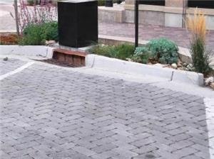 A paved area with a black pillar and some plants in the background.