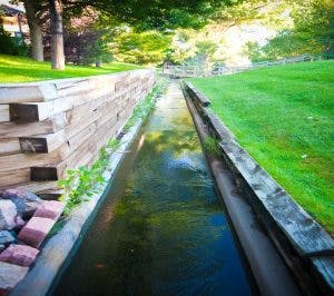 A narrow water channel bordered by wooden planks and green grass in a park-like setting.