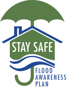 A logo with an umbrella, house, and waves symbolizing "STAY SAFE Flood Awareness Plan."