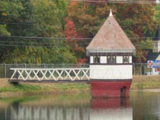 A small tower with a conical roof stands on a body of water, connected to land by a bridge, surrounded by trees.