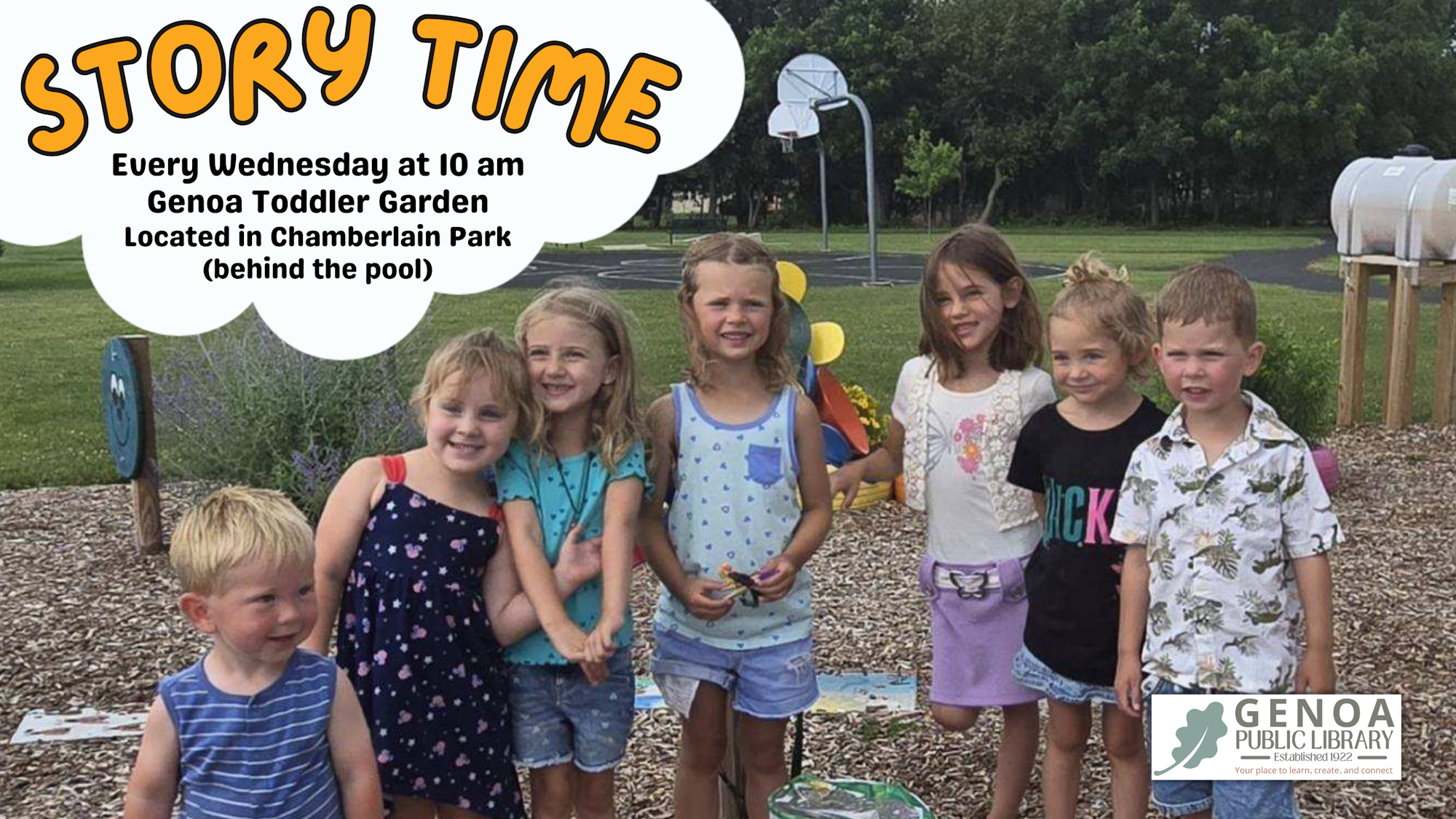 The image promotes "Story Time" at the Genoa Toddler Garden every Wednesday at 10 am in Chamberlain Park, behind the pool.