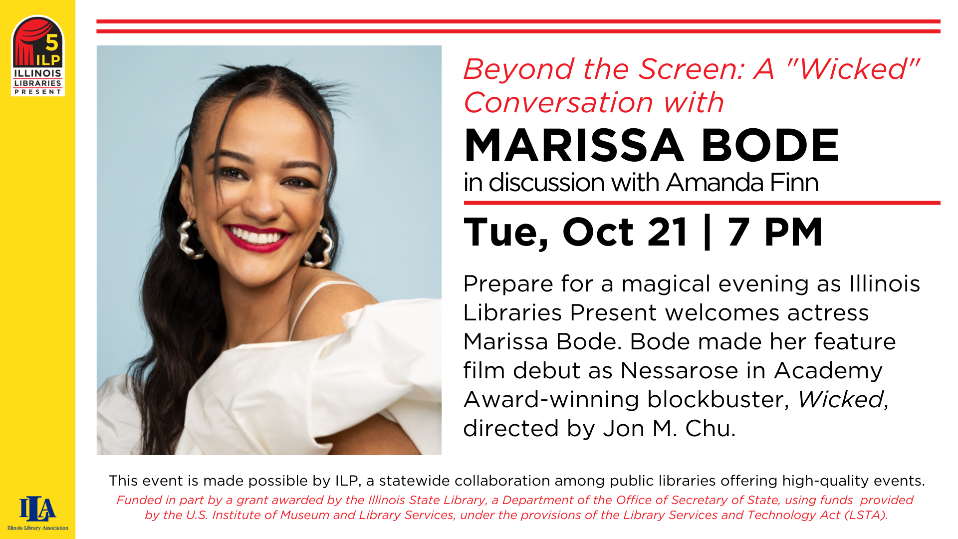 Event promo for "A 'Wicked' Conversation" with Marissa Bode on Tue, Oct 21 at 7 PM by Illinois Libraries Present.