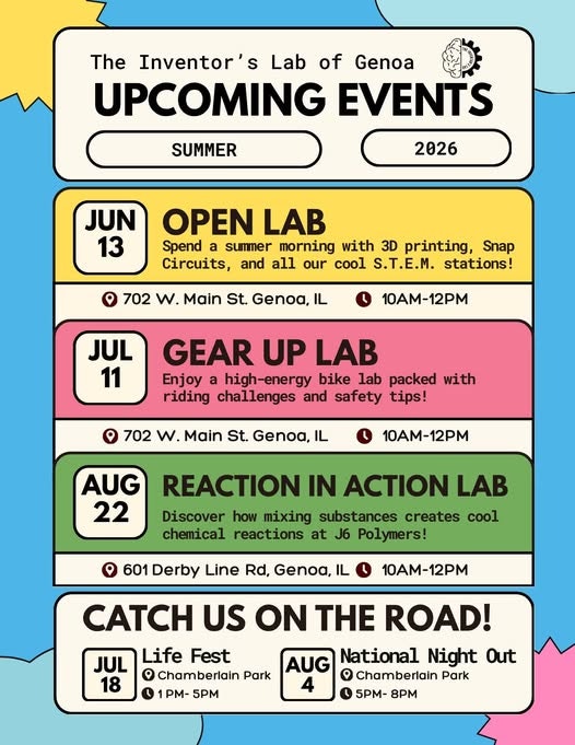 Upcoming summer events at The Inventor's Lab of Genoa (2026) include labs on 3D printing, biking, and chemical reactions.